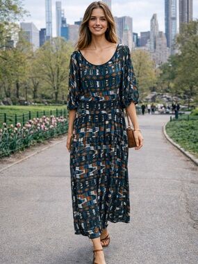 Rachel Pally Teal and Rust Patterned Maxi Dress